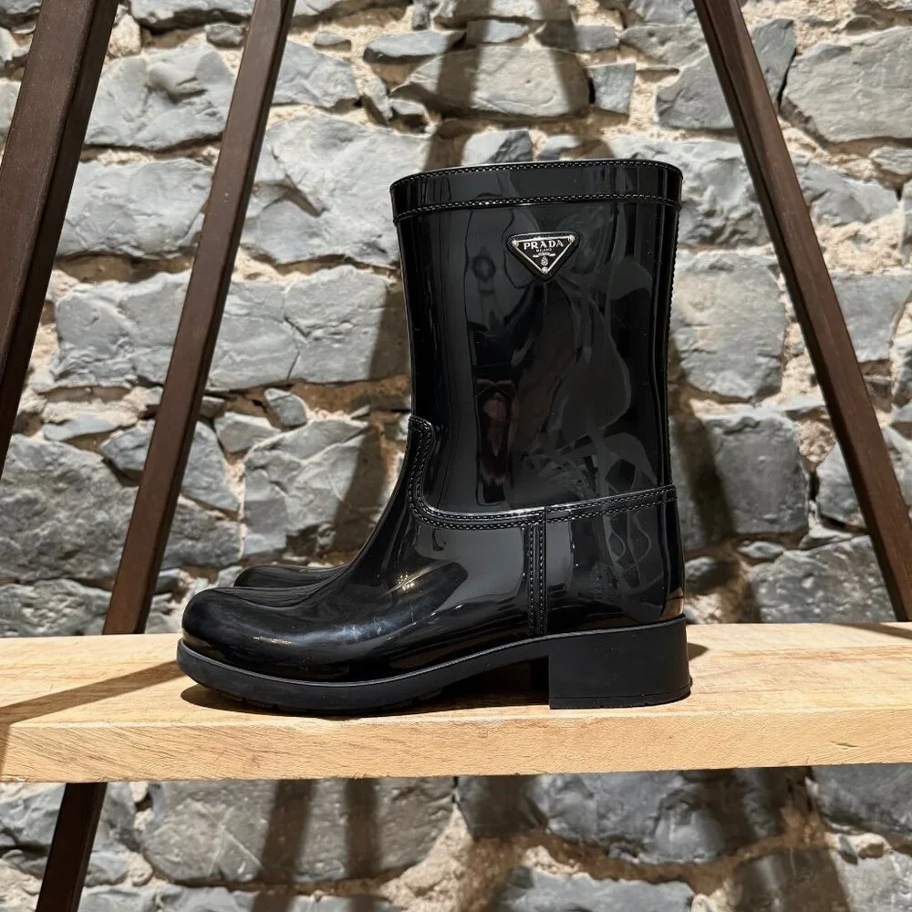 Prada Black Enamel Triangle Mid-Calf Rain Boots - Picture 7 of 14